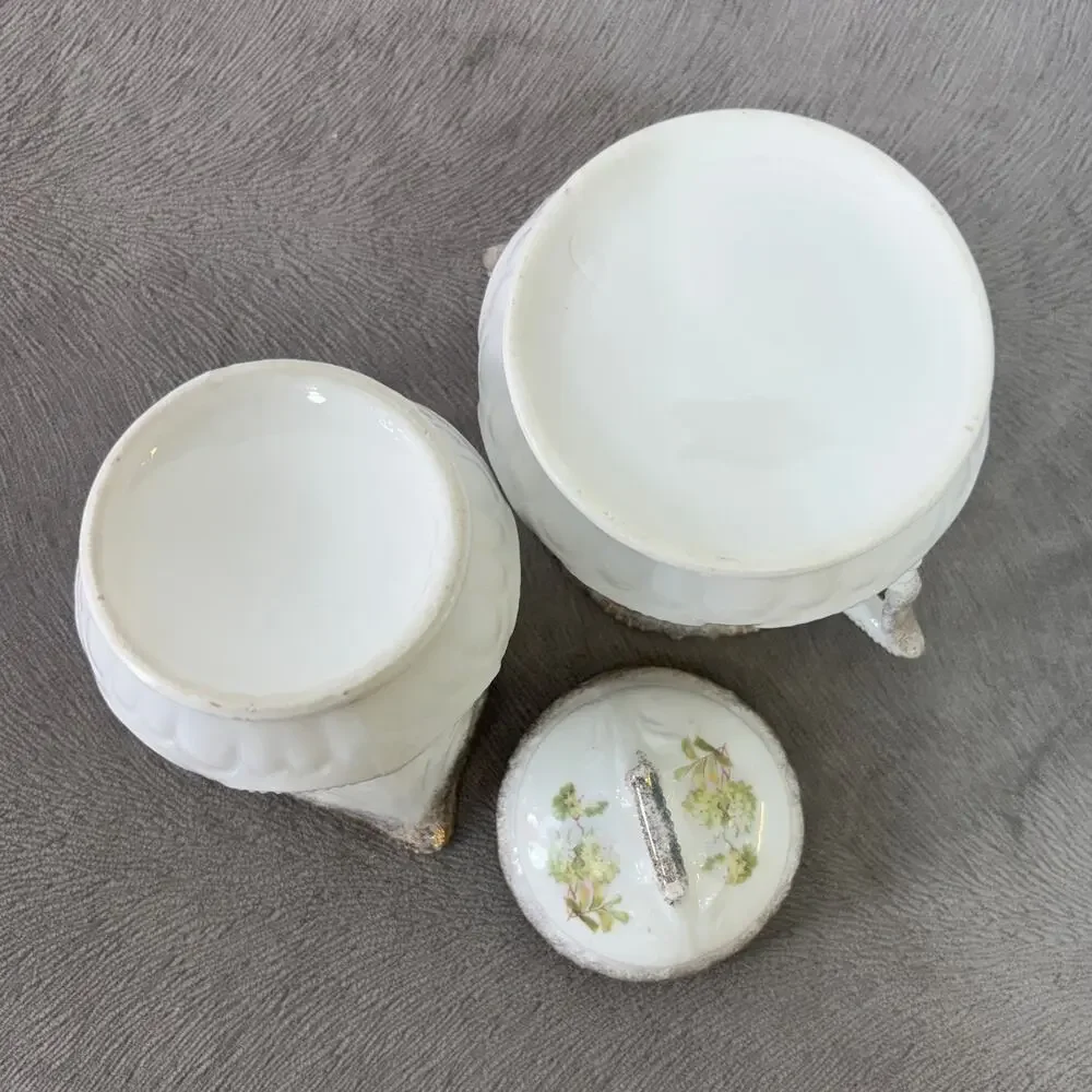 Sugar Bowl & Creamer Porcelain Lidded White Floral Gold Trim Large Unmarked